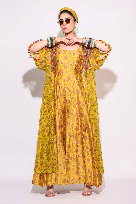 Aangan By Parul_Yellow Chanderi, Chiffon Tassels, Floral Print Jumpsuit With Embellished Shrug _Online_at_Aza_Fashions