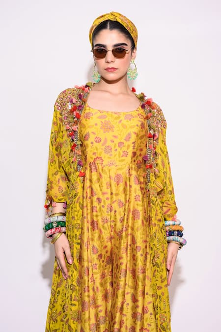 Aangan By Parul_Yellow Chanderi, Chiffon Tassels, Floral Print Jumpsuit With Embellished Shrug _at_Aza_Fashions