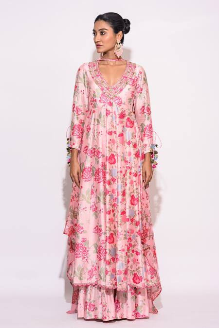 Aangan By Parul_Pink Silk Tassels Plunge Neck Floral Embroidered Neckline Kurta And Sharara Set _Online_at_Aza_Fashions