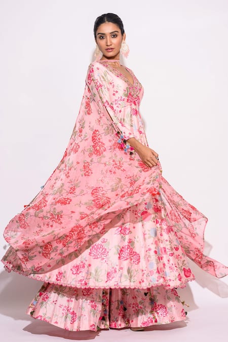 Buy_Aangan By Parul_Pink Silk Tassels Plunge Neck Floral Embroidered Neckline Kurta And Sharara Set _Online_at_Aza_Fashions