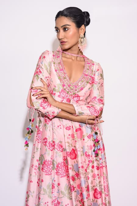 Shop_Aangan By Parul_Pink Silk Tassels Plunge Neck Floral Embroidered Neckline Kurta And Sharara Set _Online_at_Aza_Fashions