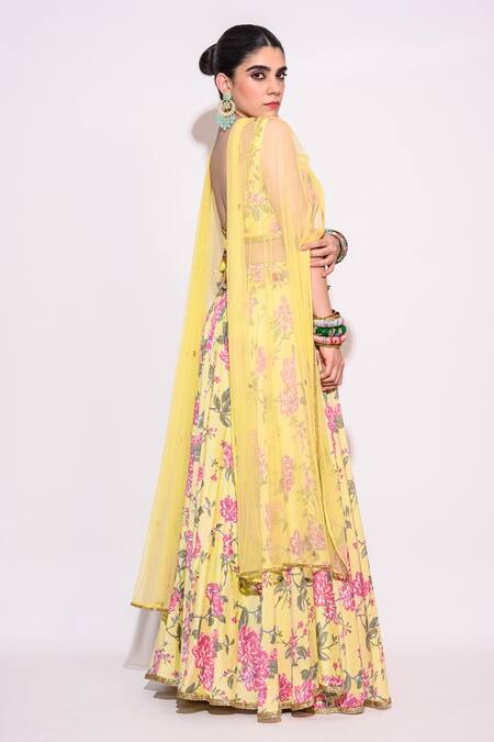 Shop_Aangan by Parul_Yellow Silk And Embroidery Floral Leaf Neck Lehenga Set _Online_at_Aza_Fashions