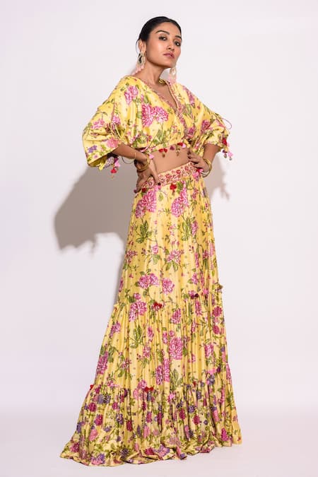 Aangan By Parul_Yellow Silk Print And Embroidery Floral V Neck Top & Skirt Set _Online_at_Aza_Fashions