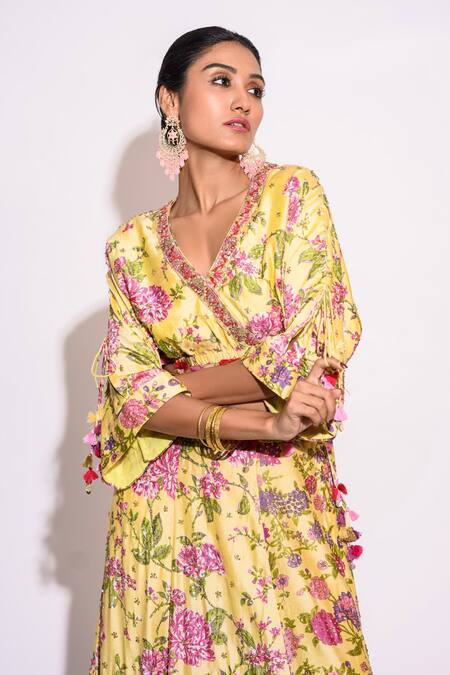 Buy_Aangan By Parul_Yellow Silk Print And Embroidery Floral V Neck Top & Skirt Set _Online_at_Aza_Fashions