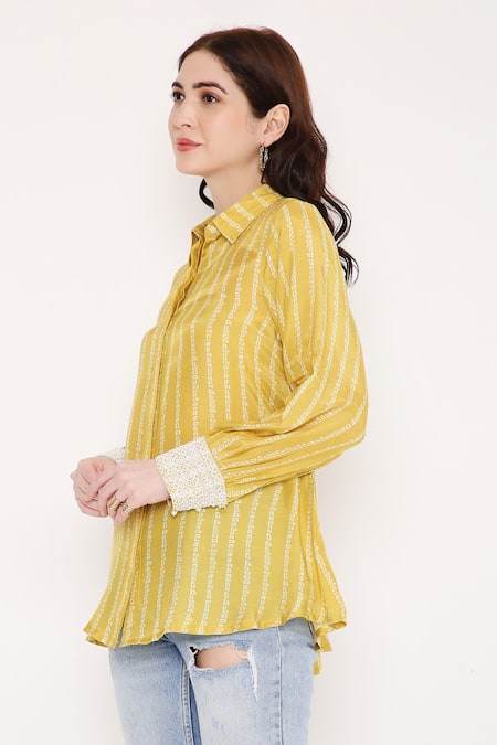 Buy_Bha Sha_Yellow Muslin Collared Zein Bandhani Print Shirt _Online_at_Aza_Fashions