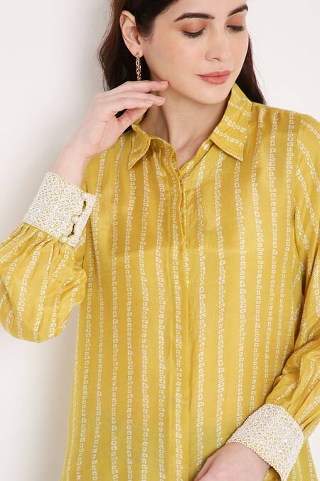 Shop_Bha Sha_Yellow Muslin Collared Zein Bandhani Print Shirt _Online_at_Aza_Fashions