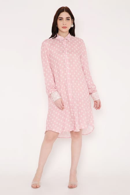 Bha Sha_Pink Muslin Embroidery Collared Zein Bandhani Print Long Shirt _Online_at_Aza_Fashions