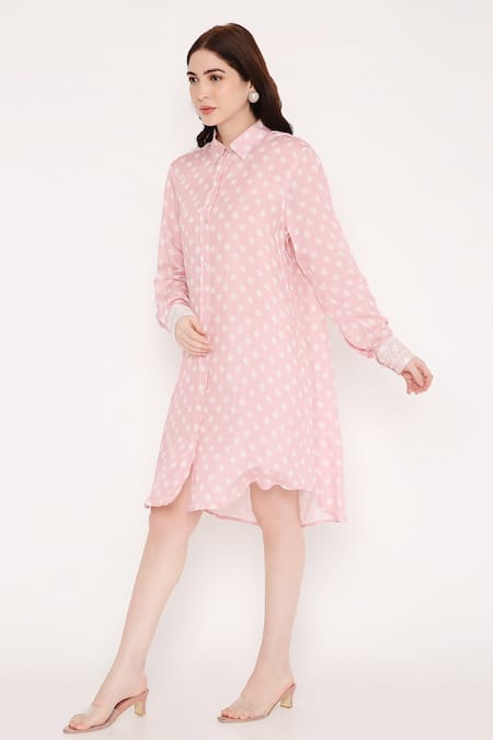 Shop_Bha Sha_Pink Muslin Embroidery Collared Zein Bandhani Print Long Shirt _Online_at_Aza_Fashions
