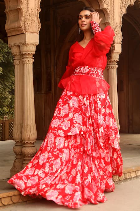 Dheeru Taneja_Red Organza, Crepe Beads, Pearls, Zemira Puff Sleeve Jacket Lehenga Set _Online_at_Aza_Fashions