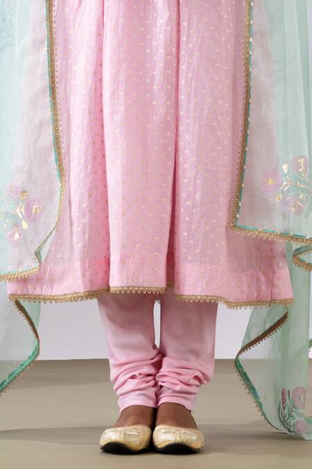 Abbaran Pink Chanderi, Cotton Embroidery Split V-neck Dori Anarkali Set Online at Aza Fashions Abbaran_Pink Chanderi, Cotton Embroidery Split V-neck Dori Anarkali Set _Online_at_Aza_Fashions
