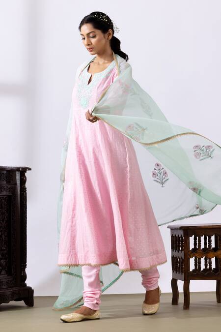 Buy Abbaran Pink Chanderi, Cotton Embroidery Split V-neck Dori Anarkali Set Online at Aza Fashions Buy_Abbaran_Pink Chanderi, Cotton Embroidery Split V-neck Dori Anarkali Set _Online_at_Aza_Fashions