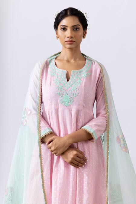 Shop Abbaran Pink Chanderi, Cotton Embroidery Split V-neck Dori Anarkali Set Online at Aza Fashions Shop_Abbaran_Pink Chanderi, Cotton Embroidery Split V-neck Dori Anarkali Set _Online_at_Aza_Fashions
