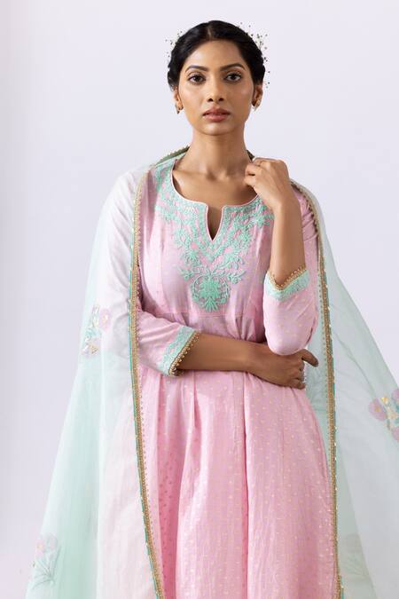 Abbaran Pink Chanderi, Cotton Embroidery Split V-neck Dori Anarkali Set at Aza Fashions Abbaran_Pink Chanderi, Cotton Embroidery Split V-neck Dori Anarkali Set _at_Aza_Fashions