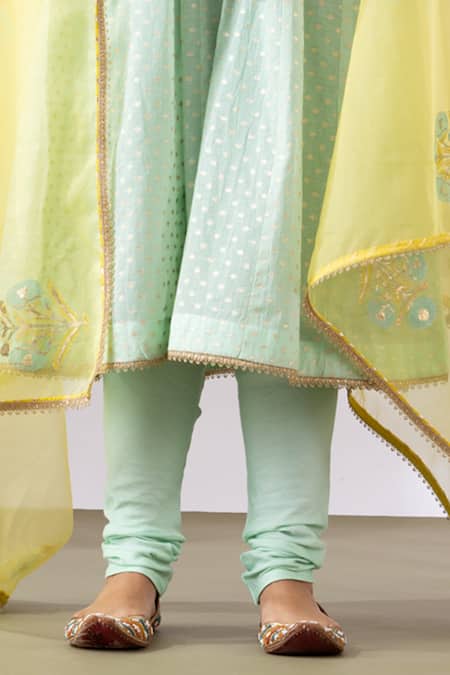 Abbaran Green Chanderi Embroidery Split V-neck Anarkali Set Online at Aza Fashions Abbaran_Green Chanderi Embroidery Split V-neck Anarkali Set _Online_at_Aza_Fashions