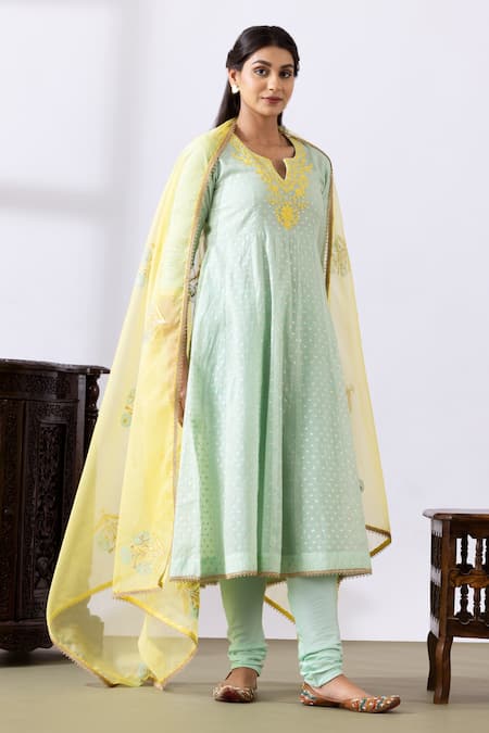 Buy Abbaran Green Chanderi Embroidery Split V-neck Anarkali Set Online at Aza Fashions Buy_Abbaran_Green Chanderi Embroidery Split V-neck Anarkali Set _Online_at_Aza_Fashions