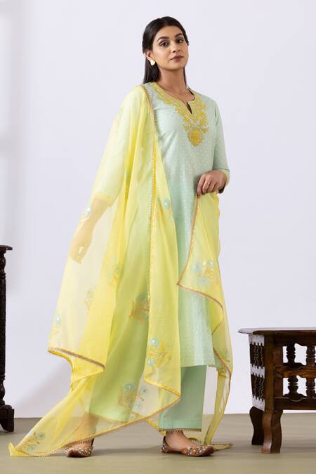 Buy_Abbaran_Green Chanderi, Chiffon Embroidery, Lace Split V-neck Dori Kurta Palazzo Set _Online_at_Aza_Fashions