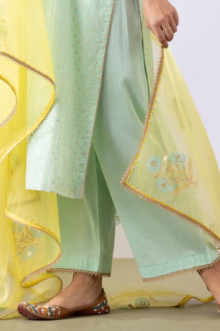 Shop_Abbaran_Green Chanderi, Chiffon Embroidery, Lace Split V-neck Dori Kurta Palazzo Set _Online_at_Aza_Fashions