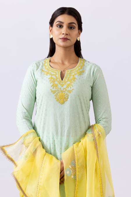 Abbaran_Green Chanderi, Chiffon Embroidery, Lace Split V-neck Dori Kurta Palazzo Set _at_Aza_Fashions