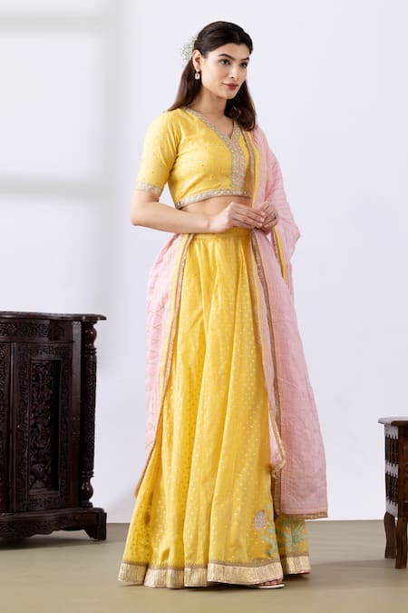 Abbaran_Yellow Chanderi Embroidery, Gota Patti V-neck Lehenga Set _Online_at_Aza_Fashions