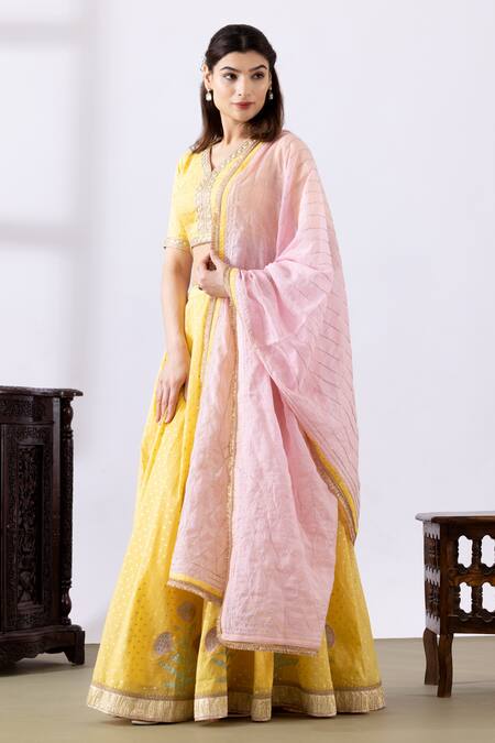 Buy_Abbaran_Yellow Chanderi Embroidery, Gota Patti V-neck Lehenga Set _Online_at_Aza_Fashions