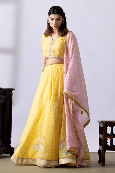 Abbaran_Yellow Chanderi Embroidery, Gota Patti V-neck Lehenga Set _at_Aza_Fashions
