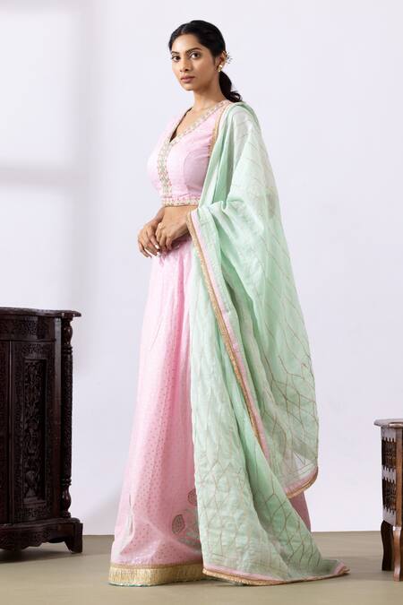 Abbaran Pink Chanderi Embroidery, Lace, Tassels V-neck Floral Vine Lehenga Set Online at Aza Fashions Abbaran_Pink Chanderi Embroidery, Lace, Tassels V-neck Floral Vine Lehenga Set _Online_at_Aza_Fashions