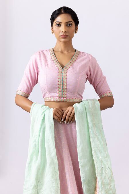 Buy Abbaran Pink Chanderi Embroidery, Lace, Tassels V-neck Floral Vine Lehenga Set Online at Aza Fashions Buy_Abbaran_Pink Chanderi Embroidery, Lace, Tassels V-neck Floral Vine Lehenga Set _Online_at_Aza_Fashions