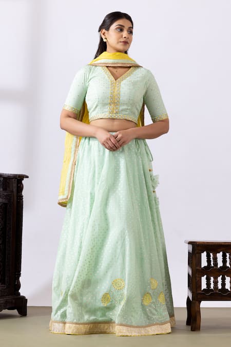Abbaran_Green Chanderi Gota Patti, Embroidery, Tassels V-neck Floral Lehenga Set _Online_at_Aza_Fashions