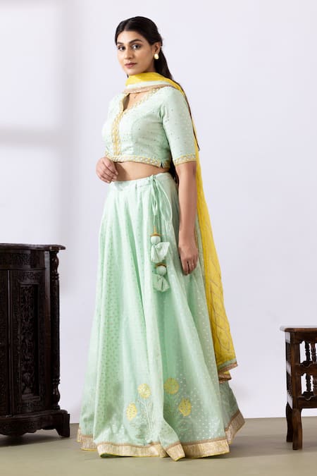 Buy_Abbaran_Green Chanderi Gota Patti, Embroidery, Tassels V-neck Floral Lehenga Set _Online_at_Aza_Fashions