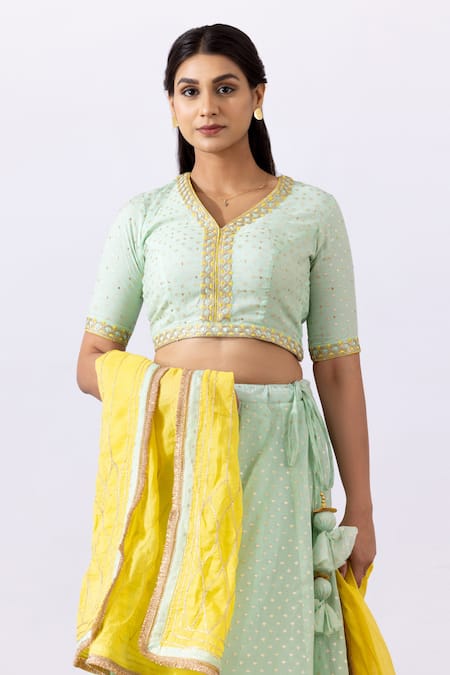 Shop_Abbaran_Green Chanderi Gota Patti, Embroidery, Tassels V-neck Floral Lehenga Set _Online_at_Aza_Fashions