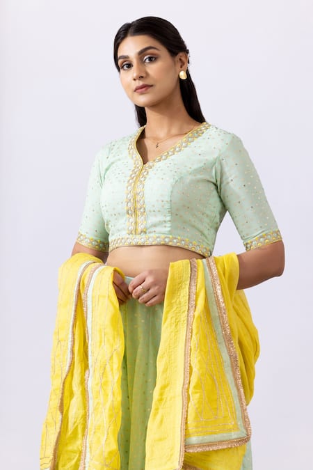 Abbaran_Green Chanderi Gota Patti, Embroidery, Tassels V-neck Floral Lehenga Set _at_Aza_Fashions