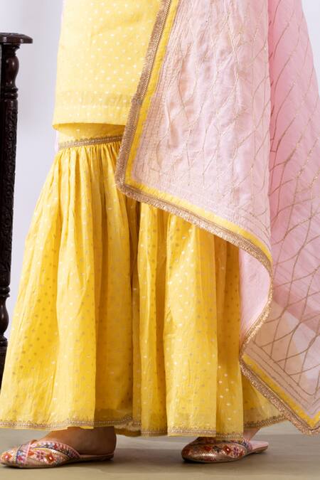 Abbaran Yellow Chanderi Embroidery, Gota Patti Keyhole Neck Dori Kurta Gharara Set Online at Aza Fashions Abbaran_Yellow Chanderi Embroidery, Gota Patti Keyhole Neck Dori Kurta Gharara Set _Online_at_Aza_Fashions