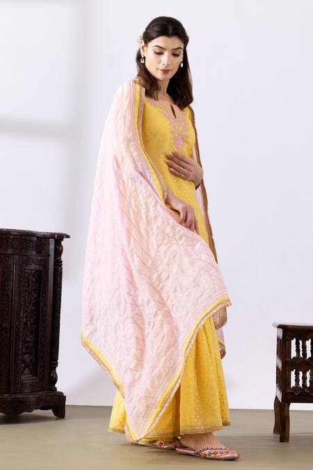 Buy Abbaran Yellow Chanderi Embroidery, Gota Patti Keyhole Neck Dori Kurta Gharara Set Online at Aza Fashions Buy_Abbaran_Yellow Chanderi Embroidery, Gota Patti Keyhole Neck Dori Kurta Gharara Set _Online_at_Aza_Fashions