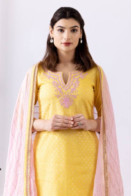 Shop Abbaran Yellow Chanderi Embroidery, Gota Patti Keyhole Neck Dori Kurta Gharara Set Online at Aza Fashions Shop_Abbaran_Yellow Chanderi Embroidery, Gota Patti Keyhole Neck Dori Kurta Gharara Set _Online_at_Aza_Fashions