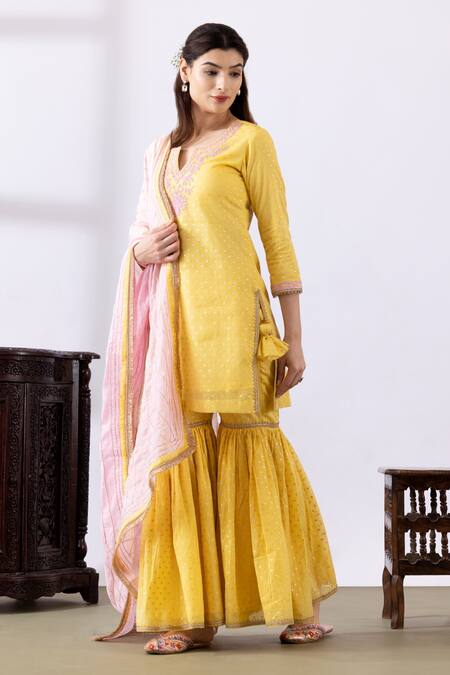 Abbaran Yellow Chanderi Embroidery, Gota Patti Keyhole Neck Dori Kurta Gharara Set at Aza Fashions Abbaran_Yellow Chanderi Embroidery, Gota Patti Keyhole Neck Dori Kurta Gharara Set _at_Aza_Fashions