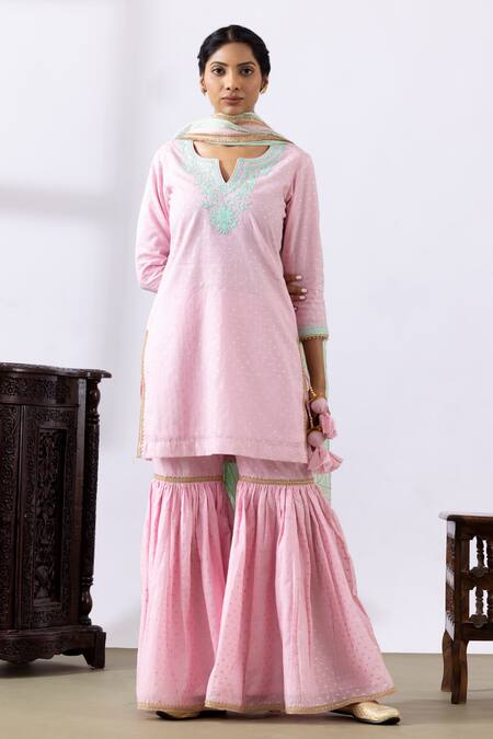 Abbaran Pink Chanderi Gota Patti Keyhole Neck Embroidered Kurta Gharara Set Online at Aza Fashions Abbaran_Pink Chanderi Gota Patti Keyhole Neck Embroidered Kurta Gharara Set _Online_at_Aza_Fashions