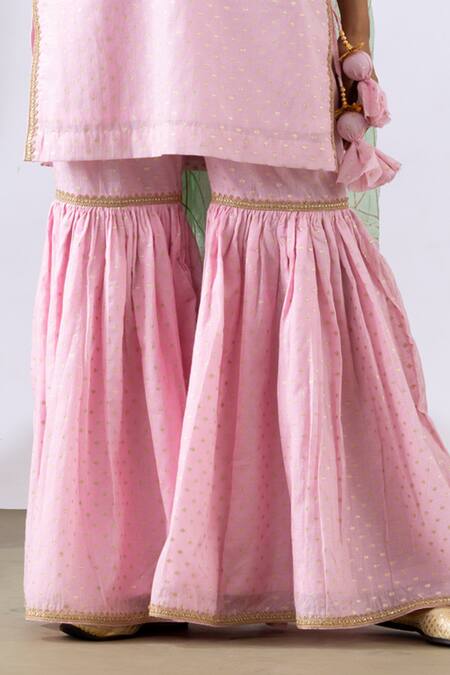 Buy Abbaran Pink Chanderi Gota Patti Keyhole Neck Embroidered Kurta Gharara Set Online at Aza Fashions Buy_Abbaran_Pink Chanderi Gota Patti Keyhole Neck Embroidered Kurta Gharara Set _Online_at_Aza_Fashions