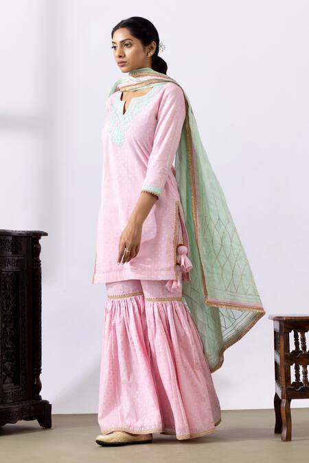 Shop Abbaran Pink Chanderi Gota Patti Keyhole Neck Embroidered Kurta Gharara Set Online at Aza Fashions Shop_Abbaran_Pink Chanderi Gota Patti Keyhole Neck Embroidered Kurta Gharara Set _Online_at_Aza_Fashions