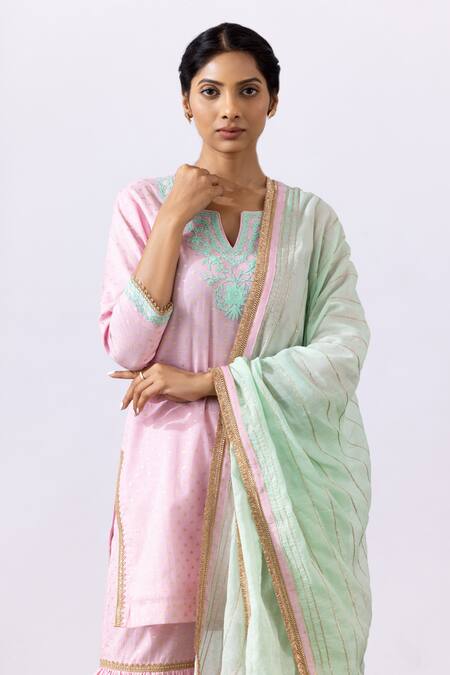 Abbaran Pink Chanderi Gota Patti Keyhole Neck Embroidered Kurta Gharara Set at Aza Fashions Abbaran_Pink Chanderi Gota Patti Keyhole Neck Embroidered Kurta Gharara Set _at_Aza_Fashions