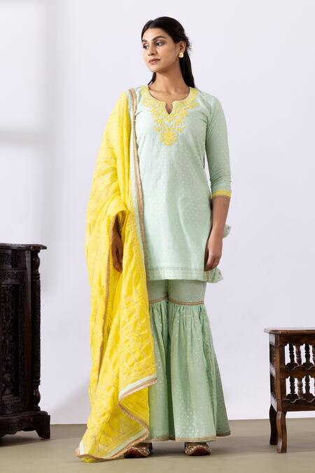 Abbaran Green Chanderi Gota Patti, Tassels Split Embroidered Straight Kurta Gharara Set Online at Aza Fashions Abbaran_Green Chanderi Gota Patti, Tassels Split Embroidered Straight Kurta Gharara Set _Online_at_Aza_Fashions