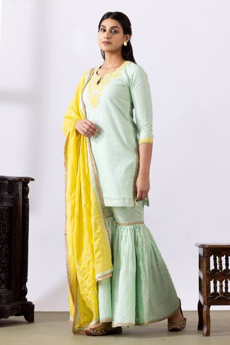 Buy Abbaran Green Chanderi Gota Patti, Tassels Split Embroidered Straight Kurta Gharara Set Online at Aza Fashions Buy_Abbaran_Green Chanderi Gota Patti, Tassels Split Embroidered Straight Kurta Gharara Set _Online_at_Aza_Fashions