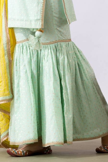 Shop Abbaran Green Chanderi Gota Patti, Tassels Split Embroidered Straight Kurta Gharara Set Online at Aza Fashions Shop_Abbaran_Green Chanderi Gota Patti, Tassels Split Embroidered Straight Kurta Gharara Set _Online_at_Aza_Fashions