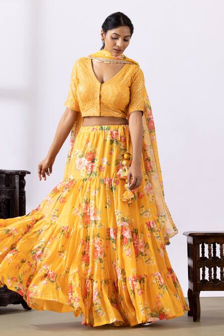 Abbaran_Yellow Chanderi Lace, Tassels, Embroidery V-neck Floral Print Tiered Lehenga Set_Online_at_Aza_Fashions