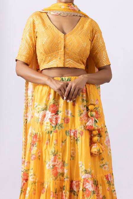 Buy_Abbaran_Yellow Chanderi Lace, Tassels, Embroidery V-neck Floral Print Tiered Lehenga Set_Online_at_Aza_Fashions