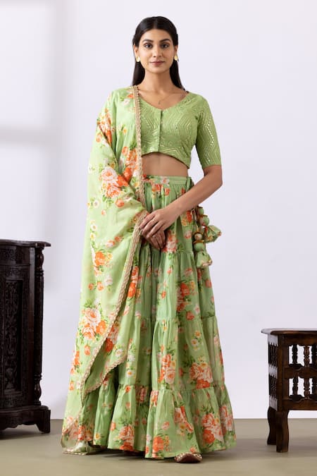 Abbaran_Green Chanderi Embroidery, Lace, Tassels V-neck Printed Tiered Lehenga Set_Online_at_Aza_Fashions