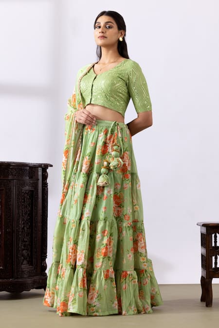 Buy_Abbaran_Green Chanderi Embroidery, Lace, Tassels V-neck Printed Tiered Lehenga Set_Online_at_Aza_Fashions