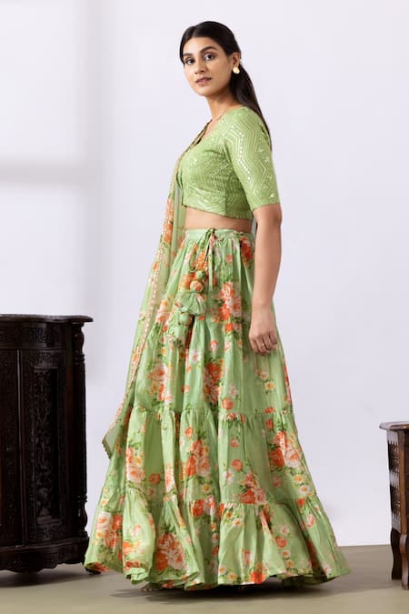 Shop_Abbaran_Green Chanderi Embroidery, Lace, Tassels V-neck Printed Tiered Lehenga Set_Online_at_Aza_Fashions