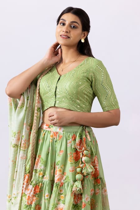 Abbaran_Green Chanderi Embroidery, Lace, Tassels V-neck Printed Tiered Lehenga Set_at_Aza_Fashions