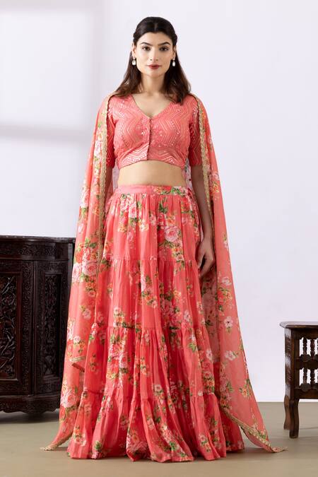 Abbaran_Pink Chanderi Embroidery, Lace, Tassels V-neck Floral Print Lehenga Set_Online_at_Aza_Fashions