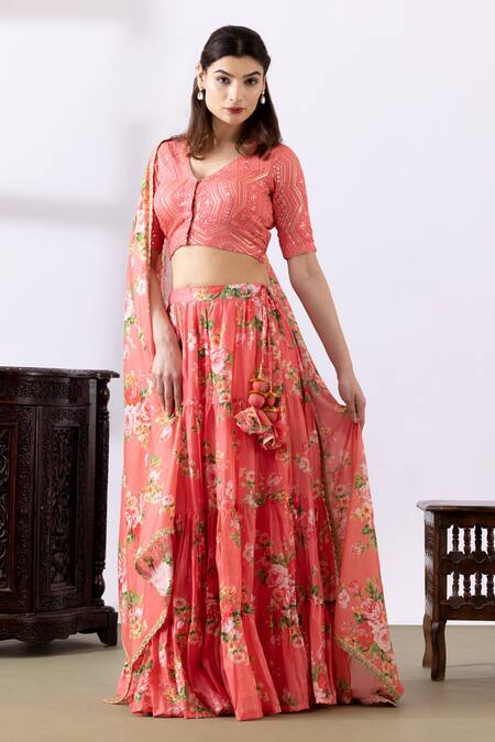 Buy_Abbaran_Pink Chanderi Embroidery, Lace, Tassels V-neck Floral Print Lehenga Set_Online_at_Aza_Fashions